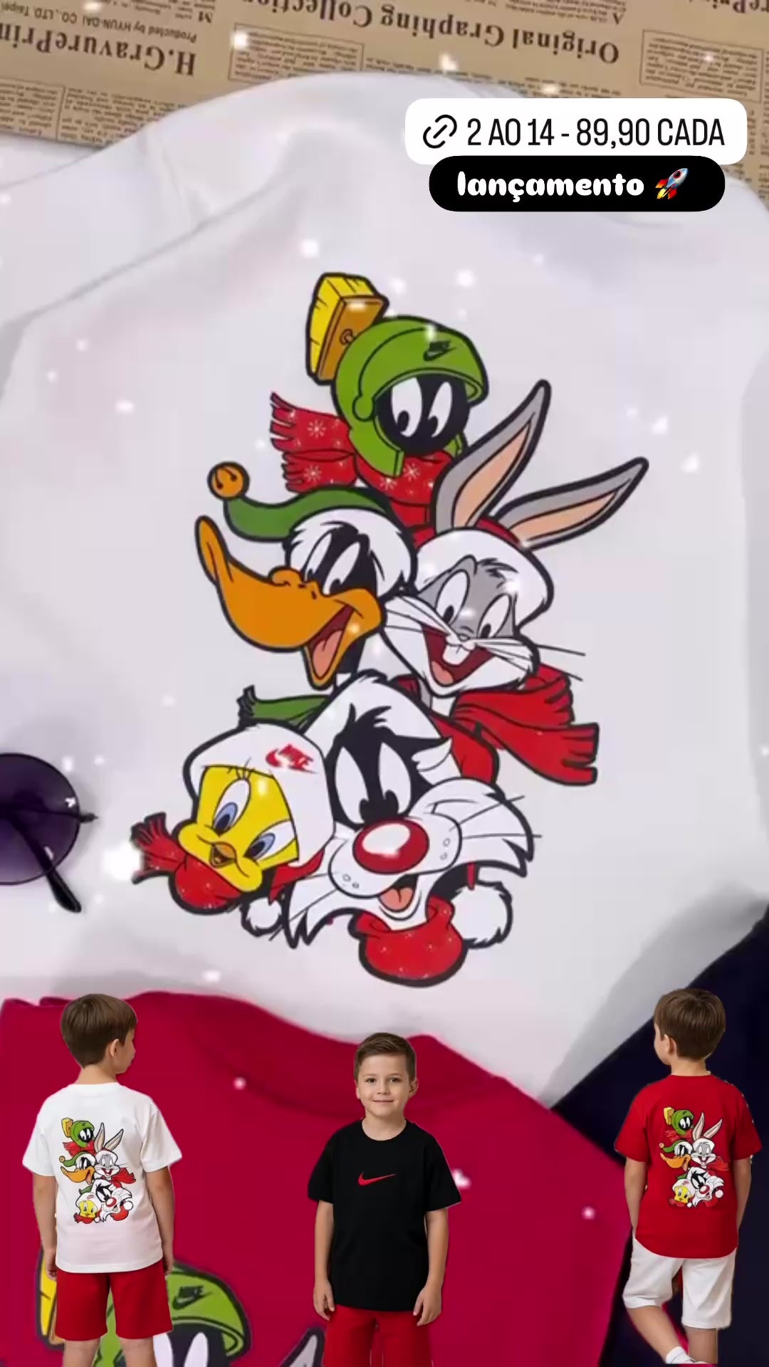 Camiseta suedine bordada na frente e estampada nas costas - Looney Tunes
